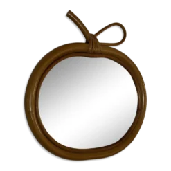 Miroir vintage 1960 pomme rotin osier bambou - 32 x 33 cm