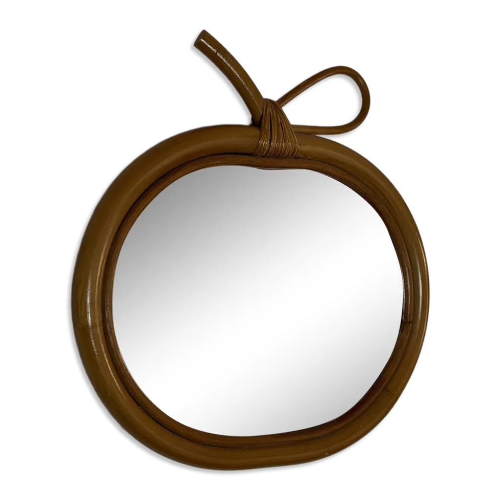 Miroir vintage 1960 pomme rotin osier bambou - 32 x 33 cm