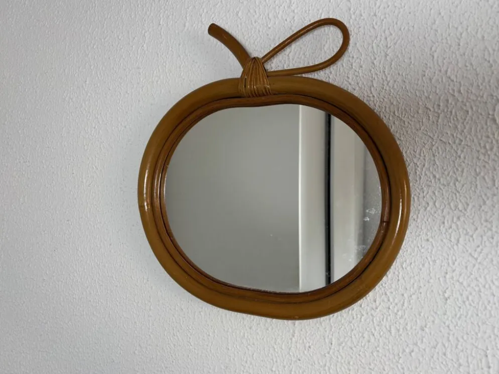 Miroir vintage 1960 pomme rotin osier bambou - 32 x 33 cm