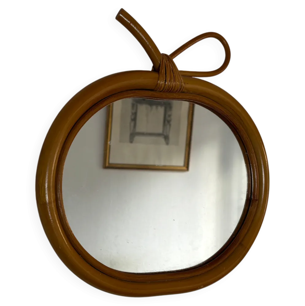 Miroir vintage 1960 pomme rotin osier bambou - 32 x 33 cm