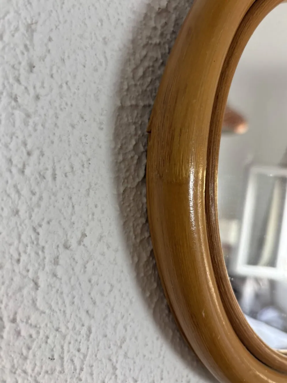 Miroir vintage 1960 pomme rotin osier bambou - 32 x 33 cm