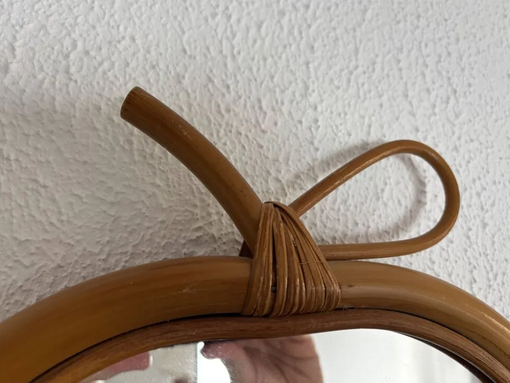 Miroir vintage 1960 pomme rotin osier bambou - 32 x 33 cm