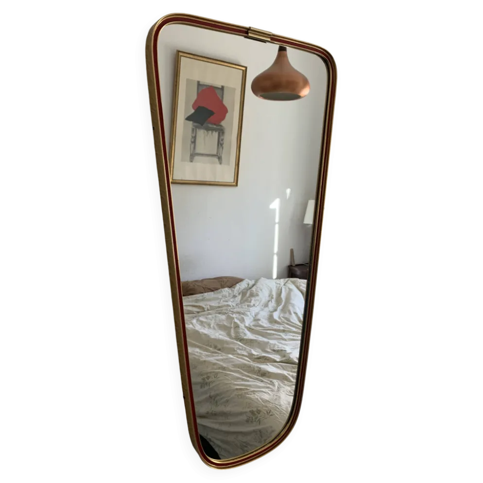 Miroir vintage 1960 rétroviseur asymétrique forme libre doré rouge - 71 x 3