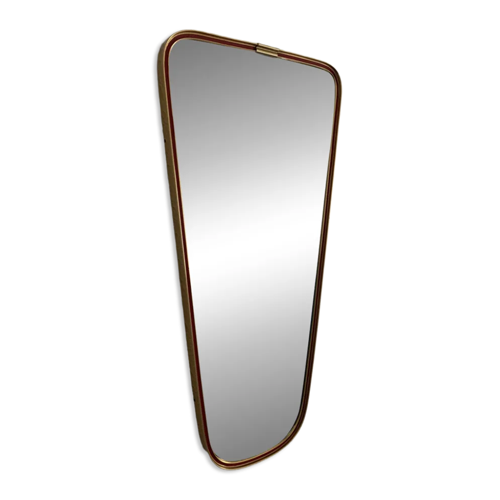 Miroir vintage 1960 rétroviseur asymétrique forme libre doré rouge - 71 x 3