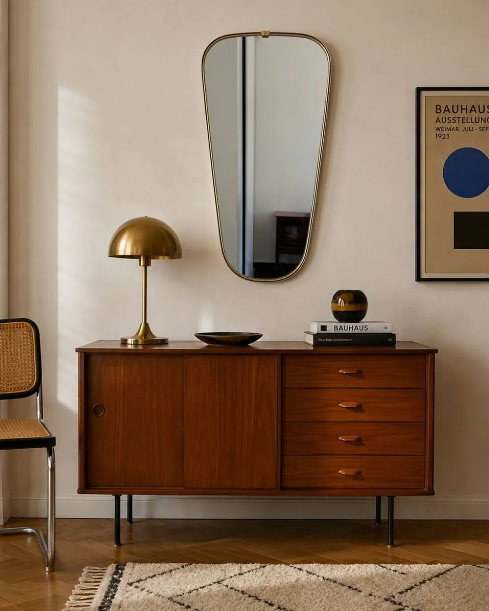 Miroir vintage 1960 rétroviseur asymétrique doré noir - 73 x 39 cm