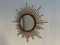 Miroir vintage 1960 soleil rotin osier - 55 cm