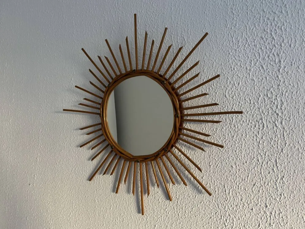 Miroir vintage 1960 soleil rotin osier - 55 cm