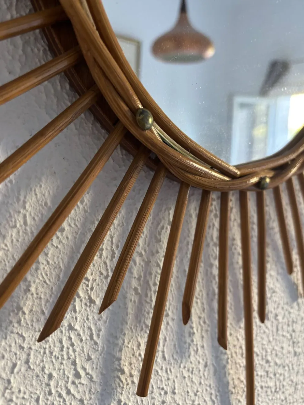 Miroir vintage 1960 soleil rotin osier - 55 cm