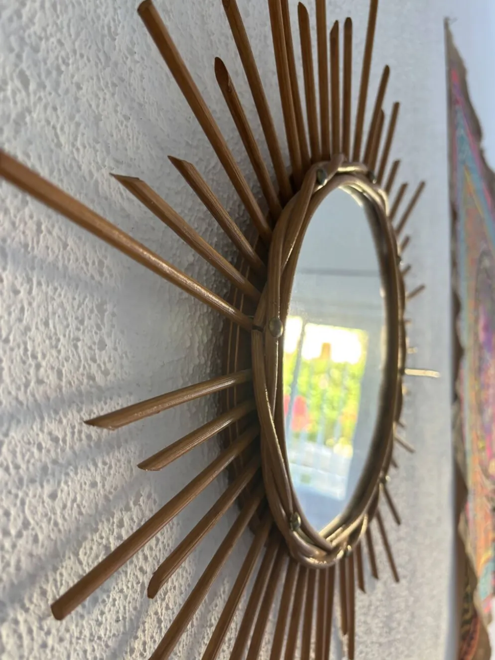Miroir vintage 1960 soleil rotin osier - 55 cm