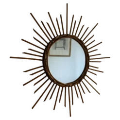 Miroir vintage 1960 soleil rotin osier - 55 cm