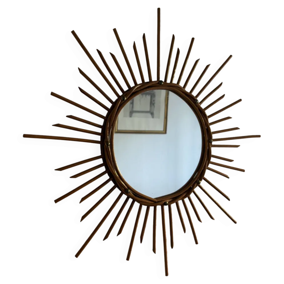 Miroir vintage 1960 soleil rotin osier - 55 cm
