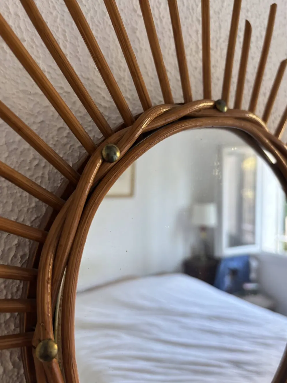 Miroir vintage 1960 soleil rotin osier - 55 cm