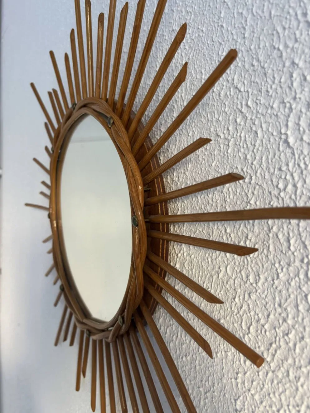 Miroir vintage 1960 soleil rotin osier - 55 cm