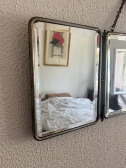Miroir vintage 1930 triptyque barbier verre biseauté simili cuir - 24 x 60