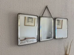 Miroir vintage 1930 triptyque barbier verre biseauté simili cuir - 24 x 60