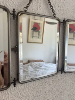 Miroir vintage 1930 triptyque barbier verre biseauté simili cuir - 24 x 60
