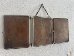 Miroir vintage 1930 triptyque barbier verre biseauté simili cuir - 24 x 60