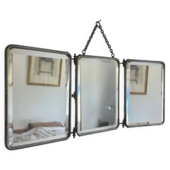 Miroir vintage 1930 triptyque barbier verre biseauté simili cuir - 24 x 60