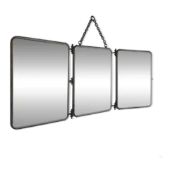 Miroir vintage 1930 triptyque barbier verre biseauté simili cuir - 24 x 60