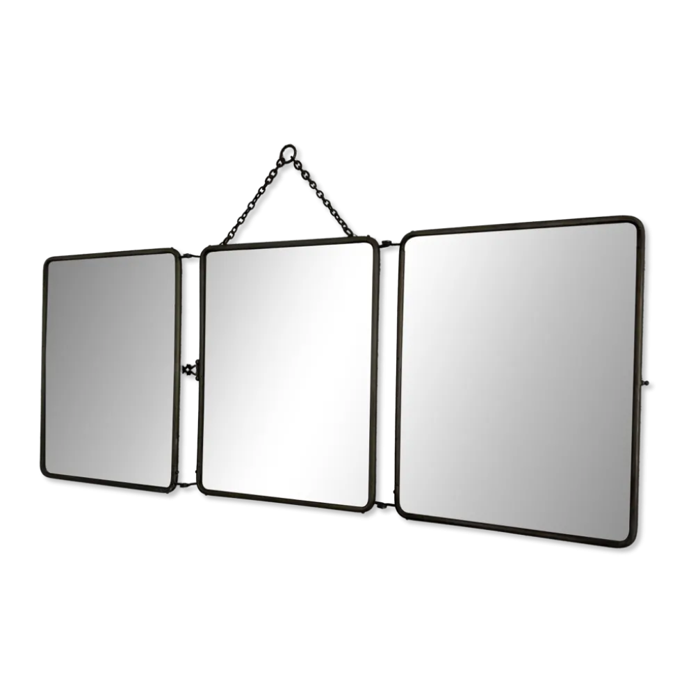Miroir vintage 1930 triptyque barbier nickelé simili crocodile vert avocat