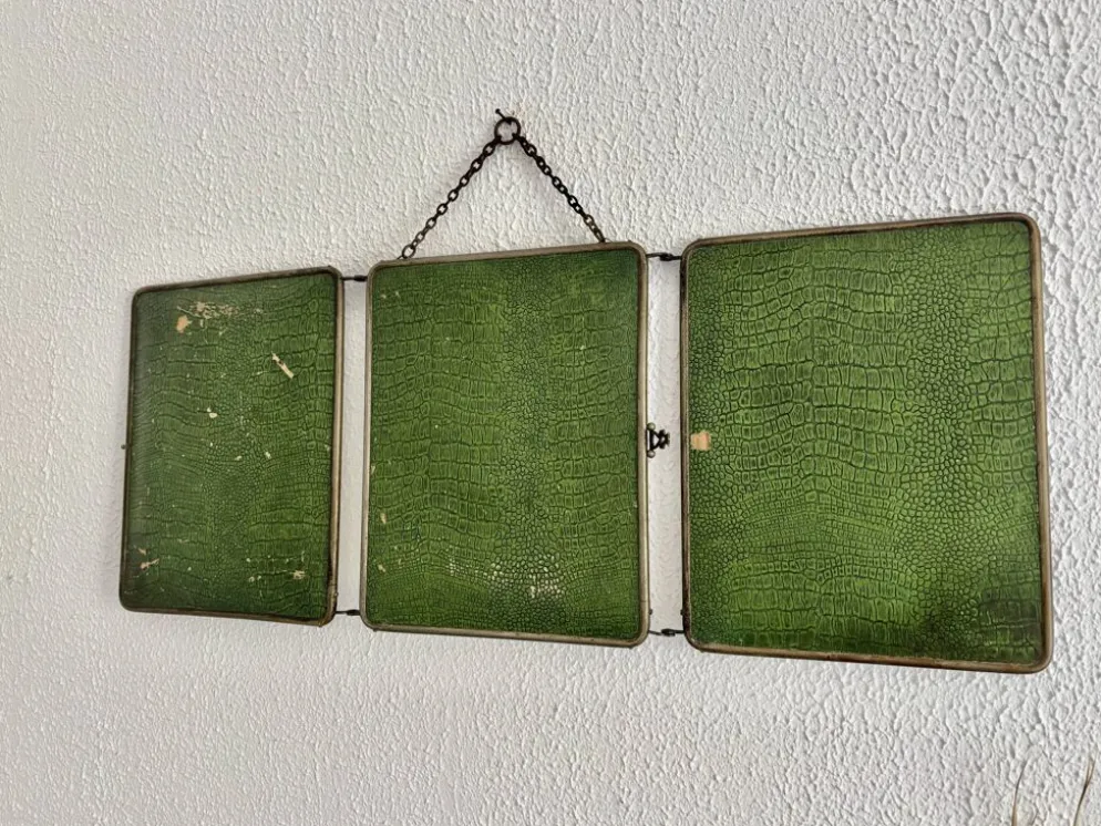 Miroir vintage 1930 triptyque barbier nickelé simili crocodile vert avocat