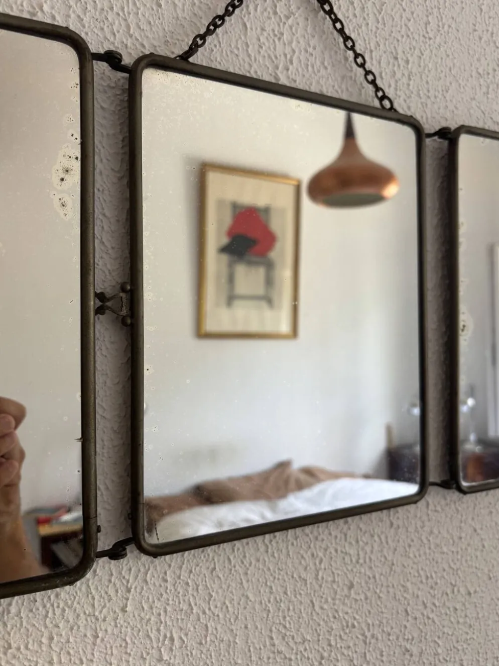 Miroir vintage 1930 triptyque barbier nickelé simili crocodile vert avocat