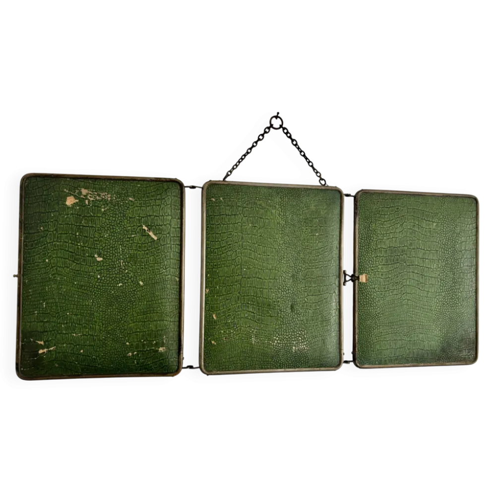 Miroir vintage 1930 triptyque barbier nickelé simili crocodile vert avocat