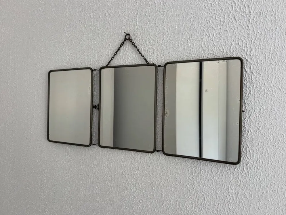 Miroir vintage 1930 triptyque barbier nickelé simili crocodile vert avocat
