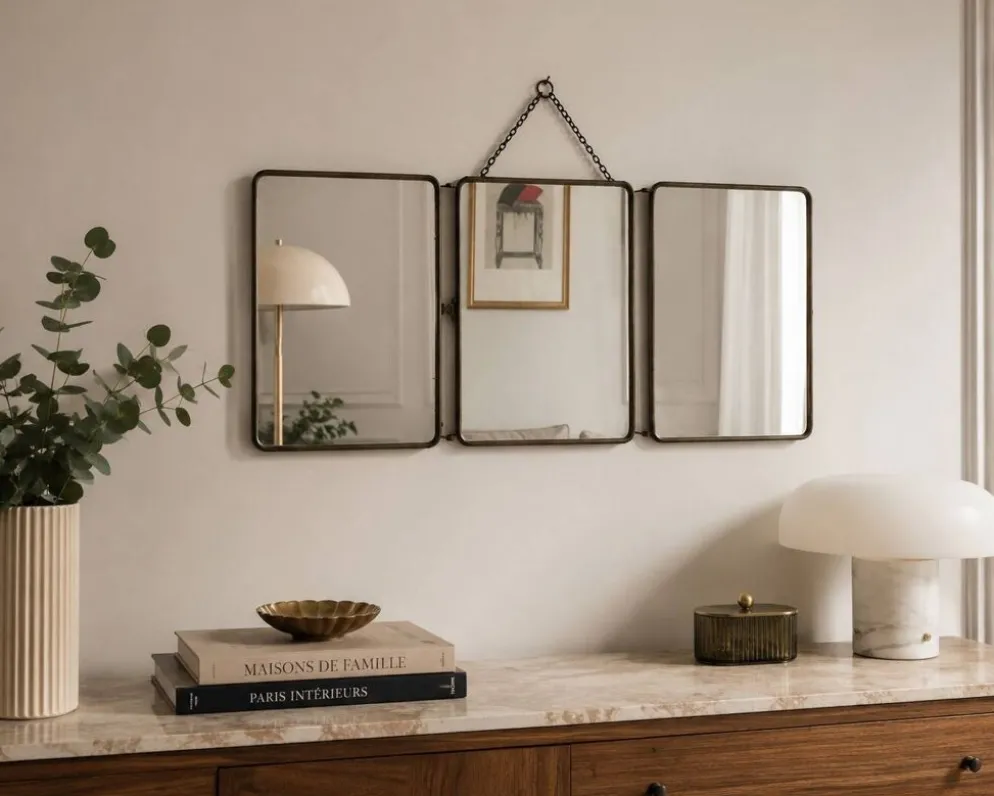 Miroir vintage 1930 triptyque barbier nickelé simili crocodile vert avocat