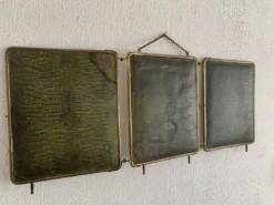 Miroir vintage 1920 triptyque barbier doré simili crocodile vert - 37 x 87