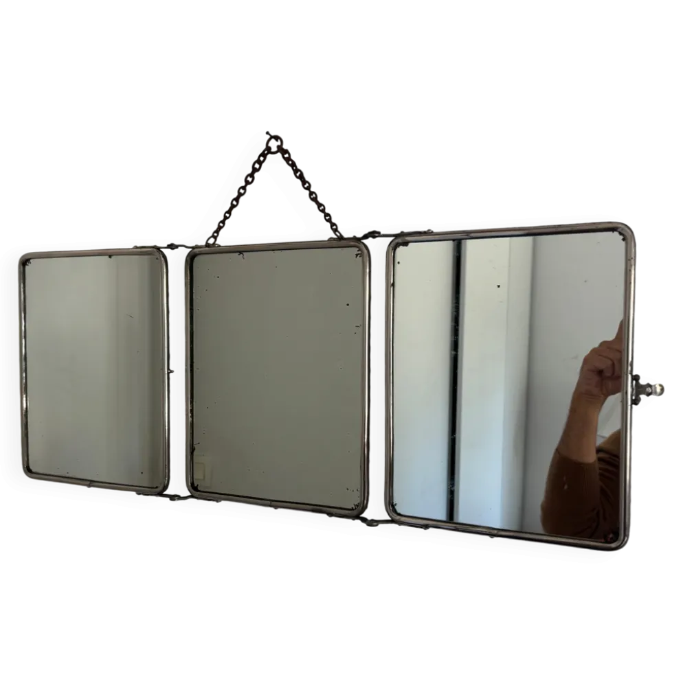 Miroir vintage 1930 triptyque barbier déposé G.B Paris - 28 x 69 cm