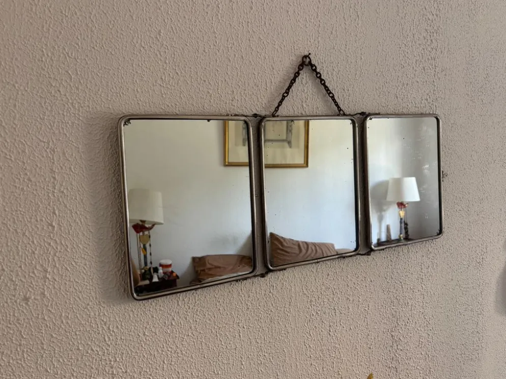 Miroir vintage 1930 triptyque barbier déposé G.B Paris - 28 x 69 cm