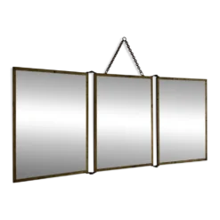 Miroir vintage 1900 triptyque barbier Art Nouveau doré - 21 x 48 cm