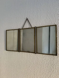 Miroir vintage 1900 triptyque barbier Art Nouveau doré - 21 x 48 cm