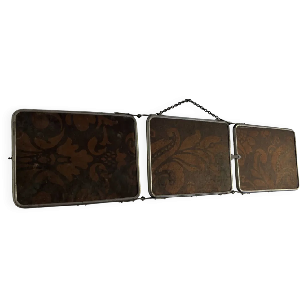 Miroir vintage 1900 triptyque barbier Art Nouveau - 19 x 78 cm
