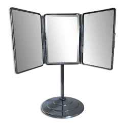 Miroir vintage 1940 triptyque barbier pied biseauté - 40 x 35 cm