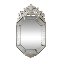 Miroir vénitien ancien fin XIXe – verre biseauté & décor gravé – 124 x 68