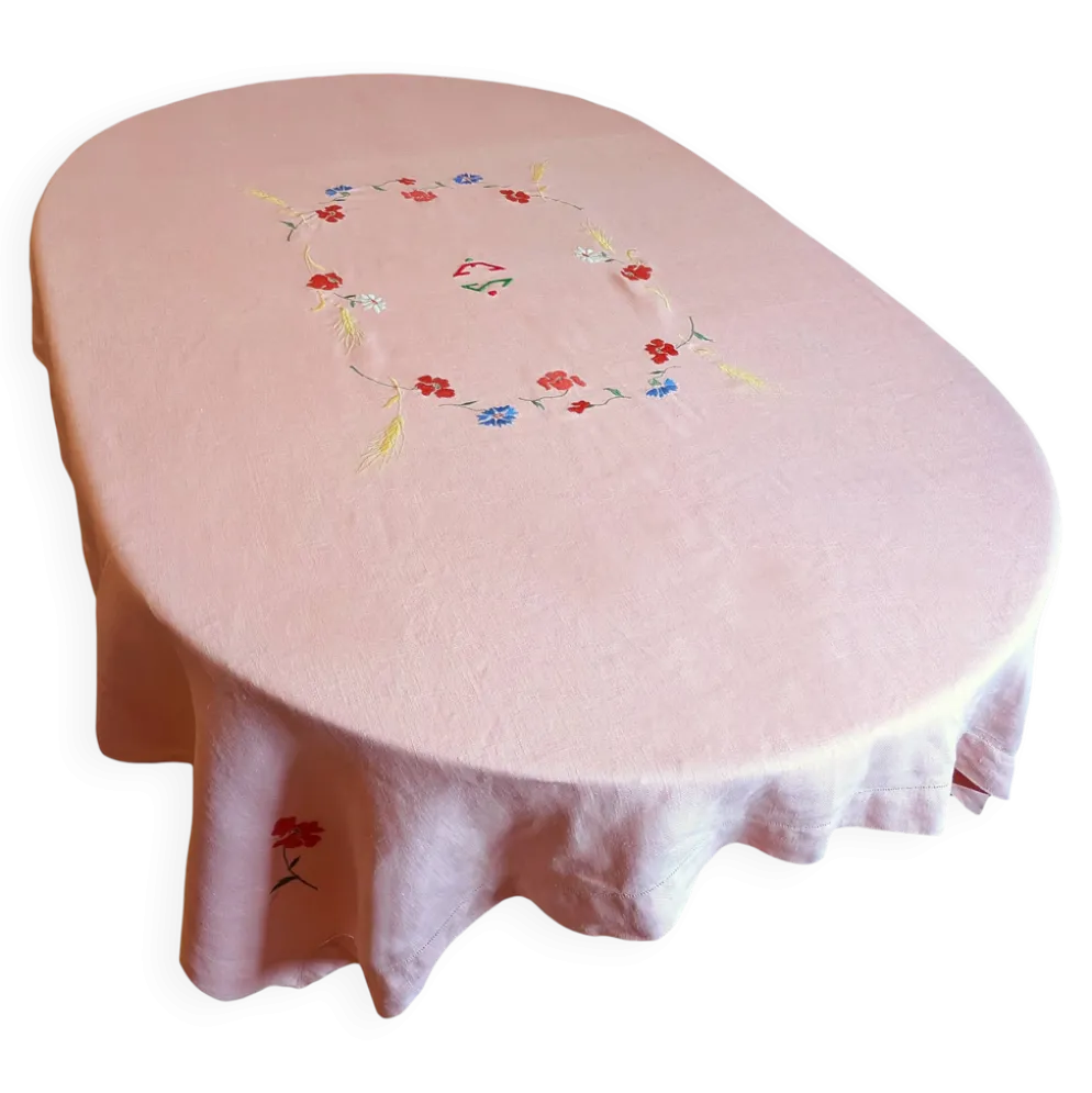 Nappe ancienne en lin épais brodé main rose 170x130 cm – Pièce unique