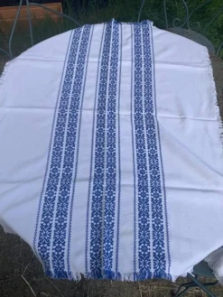 Nappe a the rectangulaire et 6 serviettes, made in france, linge basque, blanche et bleue, Vintage