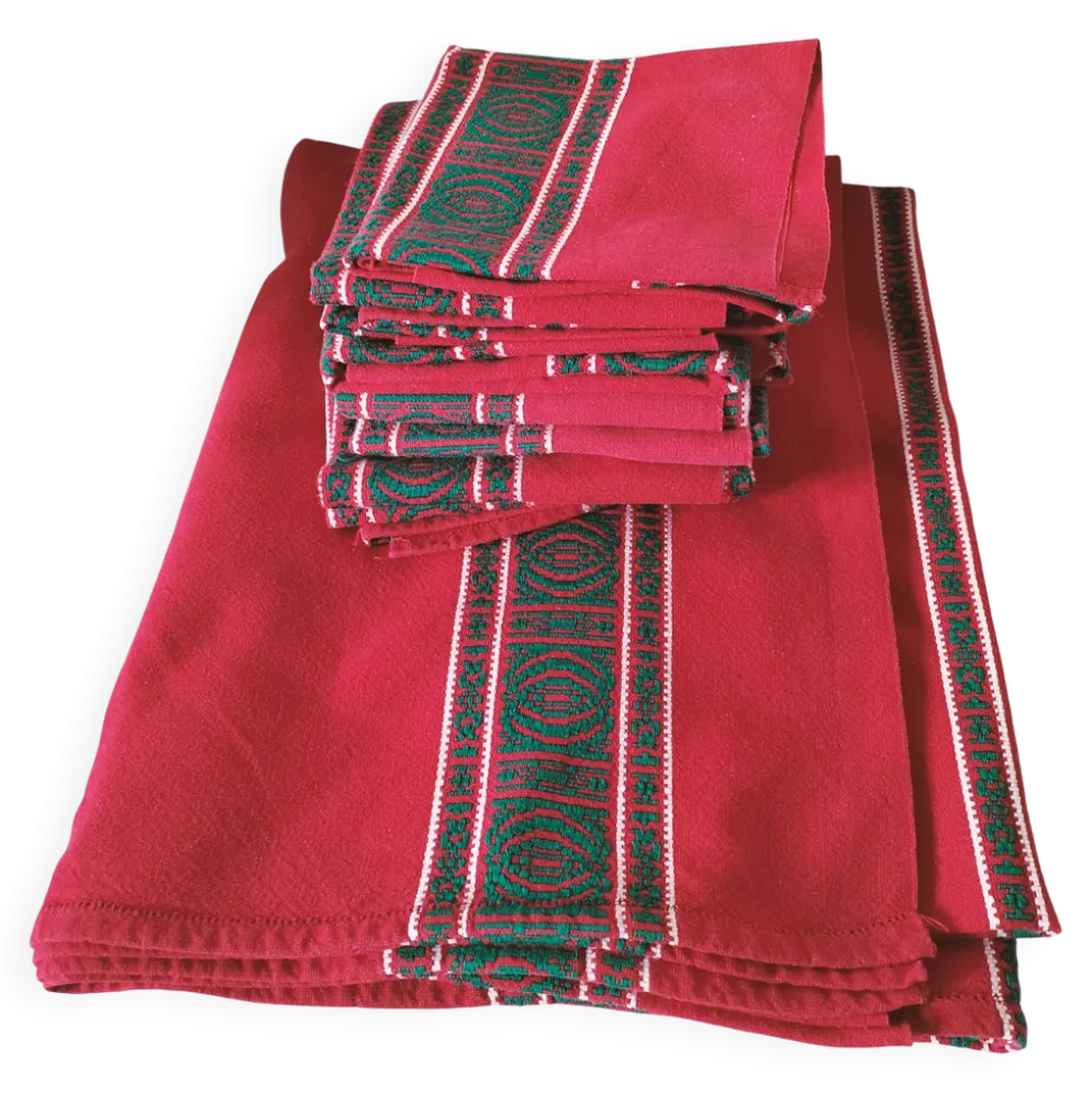 Nappe basque rouge + 8 serviettes brodées vert émeraude