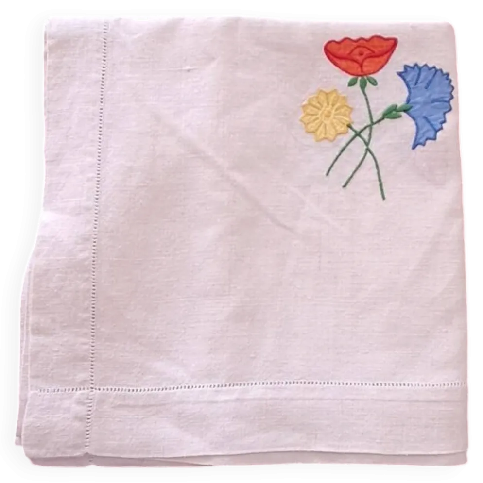 Nappe carrée vintage en lin brodée main à motifs floraux — Années 50/6