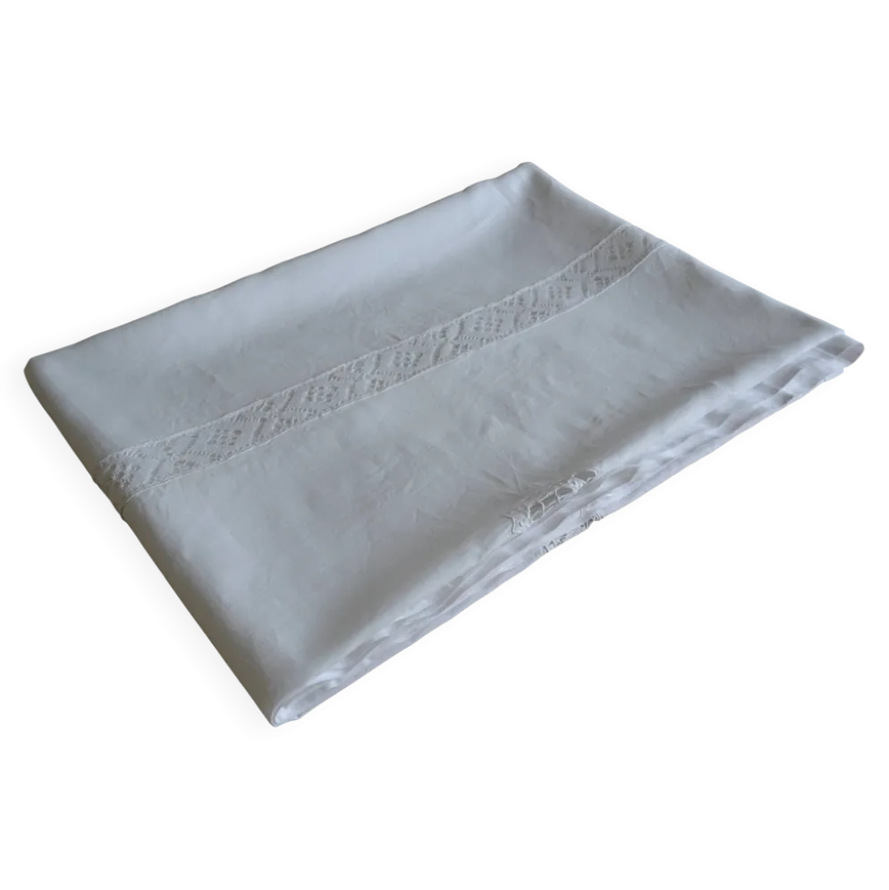 Nappe en fil de lin blanc et broderies 181cm/261 cm