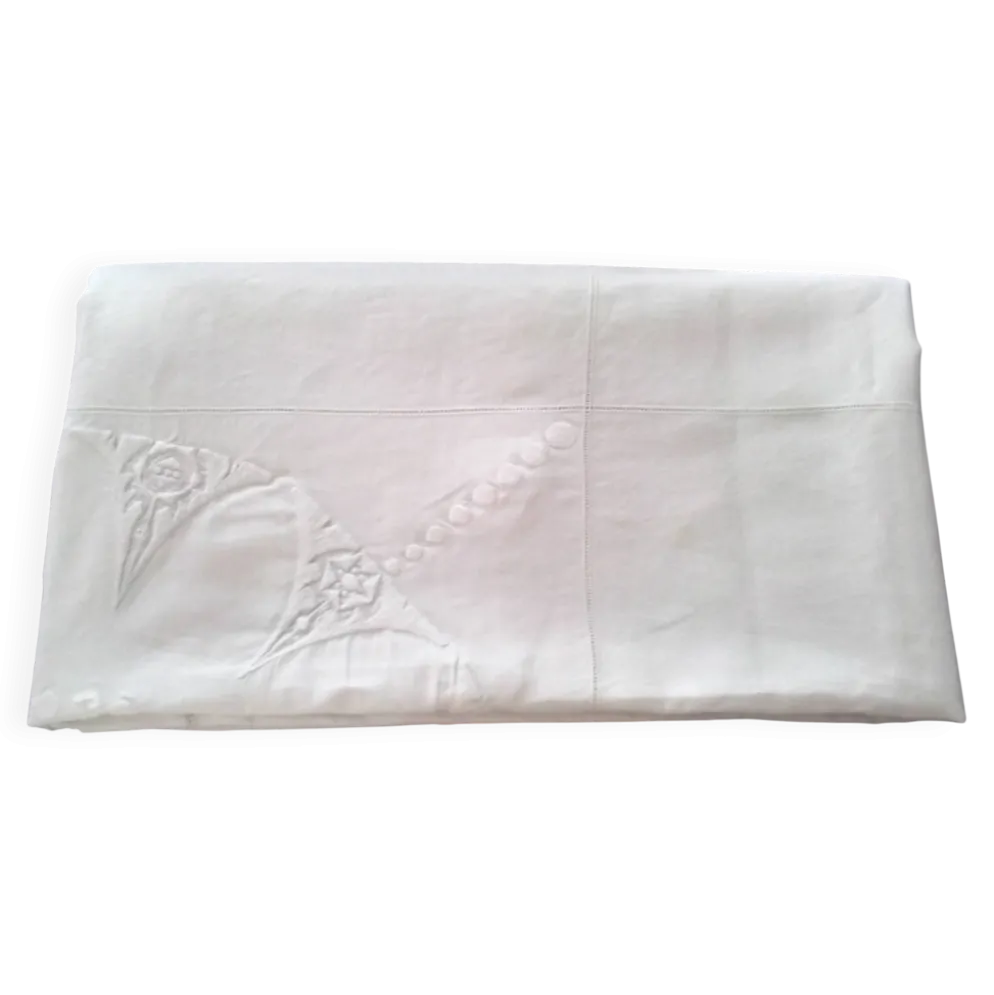 Nappe en lin blanc avec broderies et jours 1.65 x 2.40 m