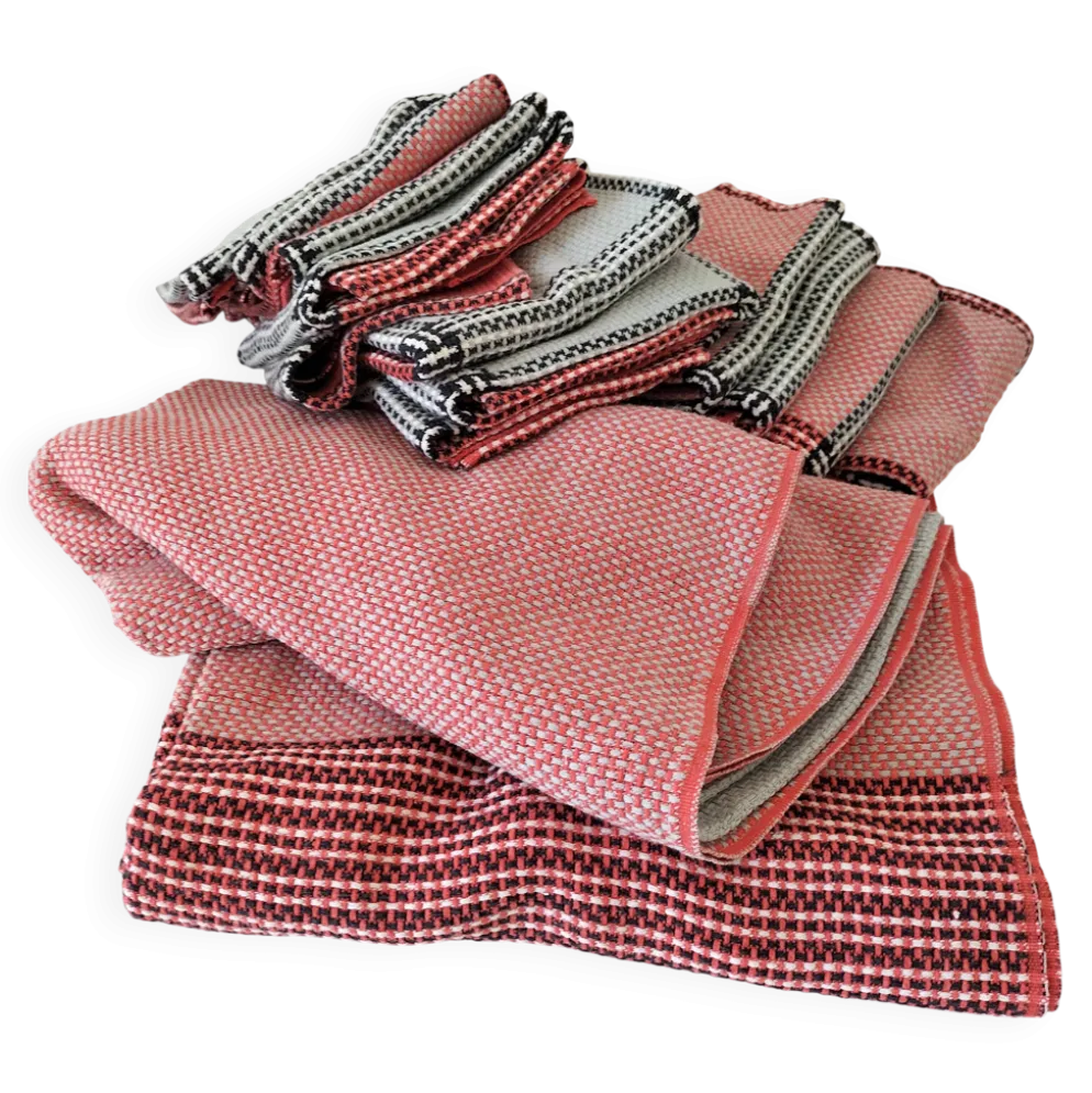 Nappe et 12 serviettes corail et gris Esprit rétro scandinave années 60