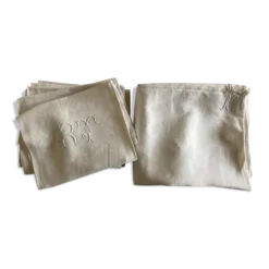 Nappe et 8 serviettes en damas de lin brodées RT vers 1900