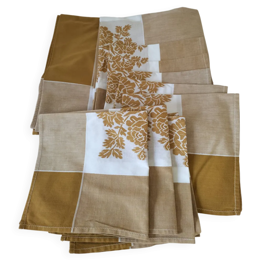 Nappe et 8 serviettes vintage – tons caramel et moutarde dorée