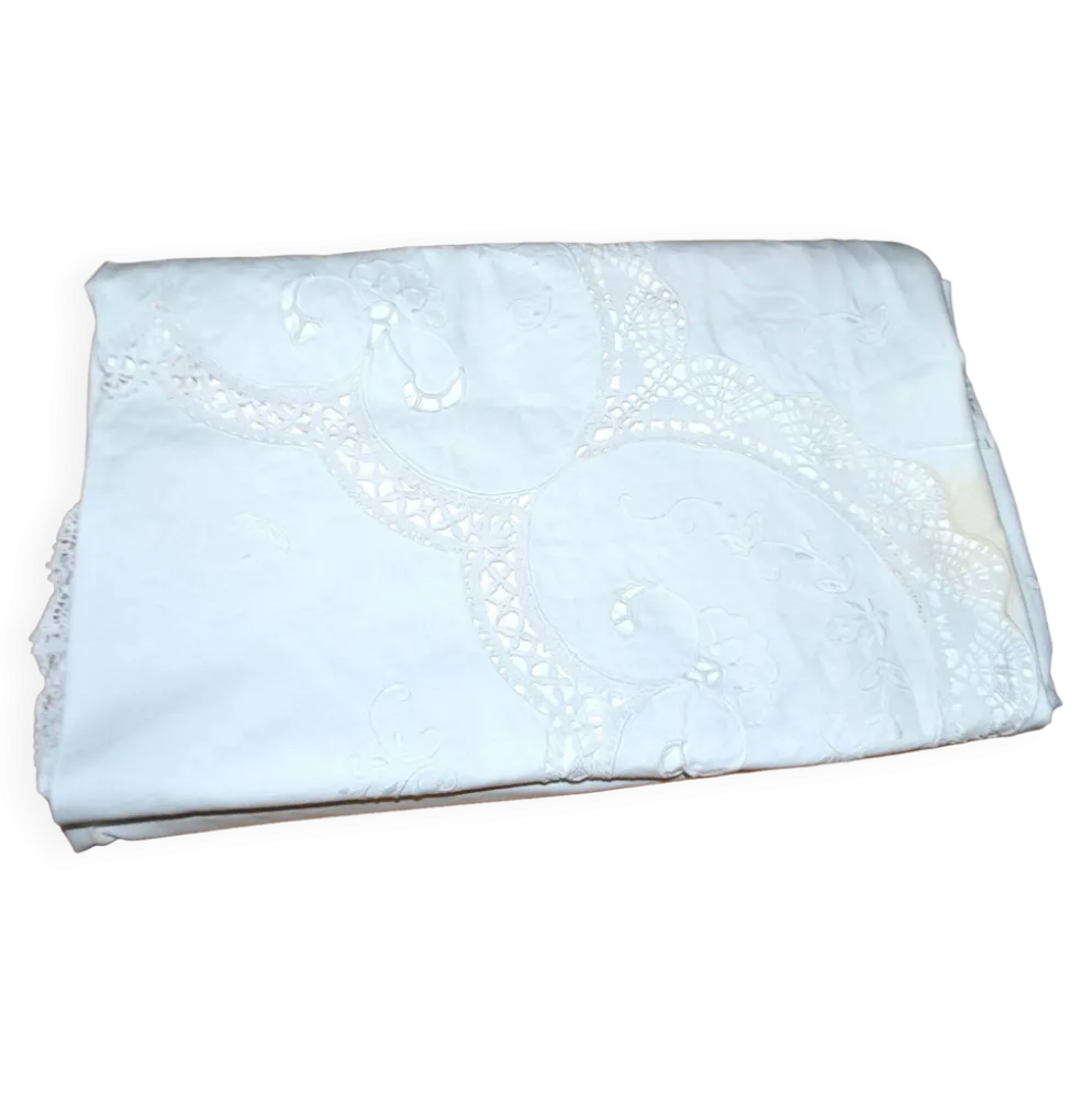 Nappe ronde vintage en coton brodé et ajouré 160x160cm *M3*