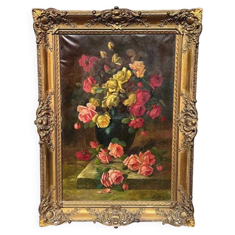 Nature morte ancienne signée avec des roses.
