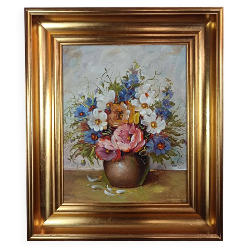 Nature morte aux fleurs, E.H.Hansen, huile danoise vintage