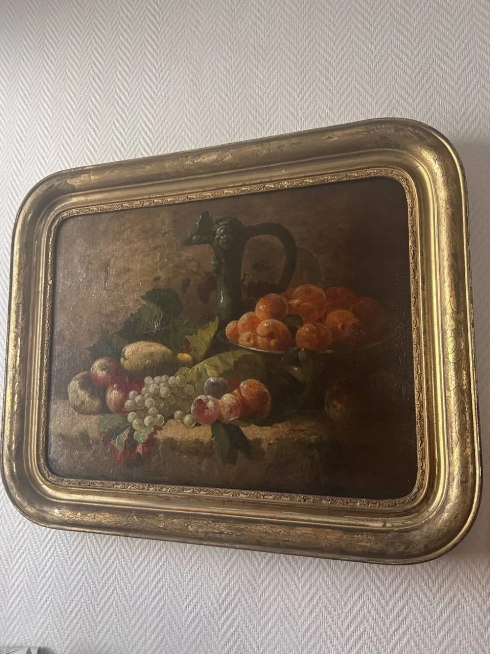 Nature morte aux fruits du XIXe siècle, huile sur toile et cadre doré à la feuille